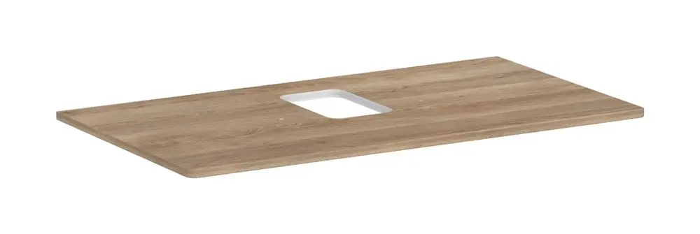 Holztischplatte in Eiche Natur mit mittigem Ausschnitt für Aufsatzwaschtisch. Die Platte ist für die Kombination mit Hansgrohe-Armaturen geeignet.